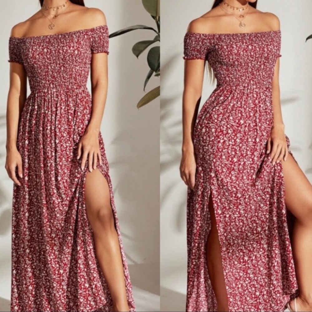 Off-Shoulder Smocked Maxi Dress in Dusty Rose Floral
